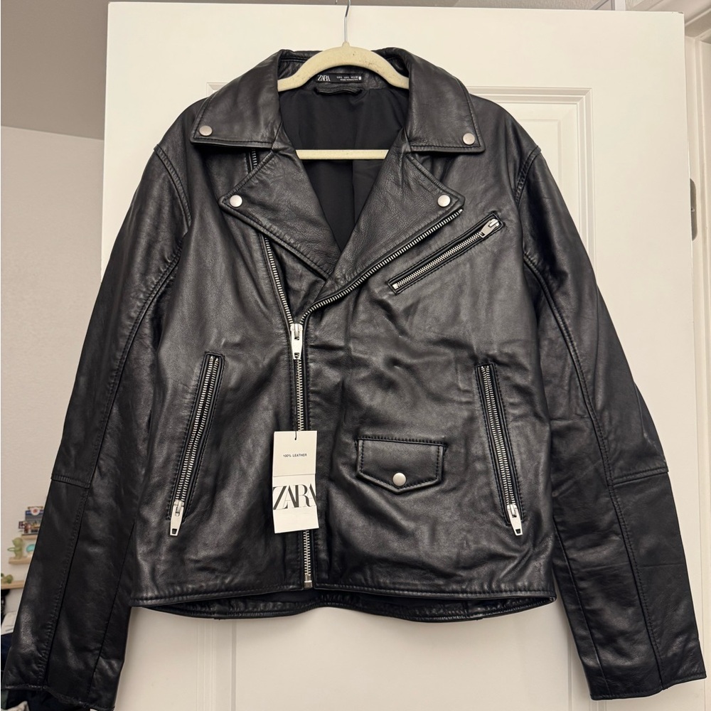 ZARA LEATHER BIKER JACKET - BLACK, 100% LEATHER